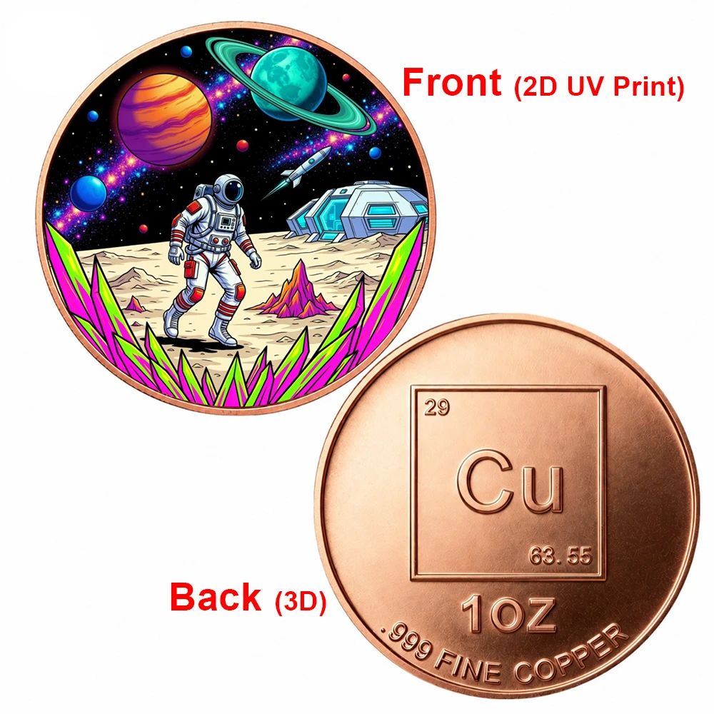1pc 1oz .999 Fine Copper Astronaut Alien Planet Challenge Coin Galaxy Rocket Space Commemorative Medal Gift for Sci-Fi Art Fans
