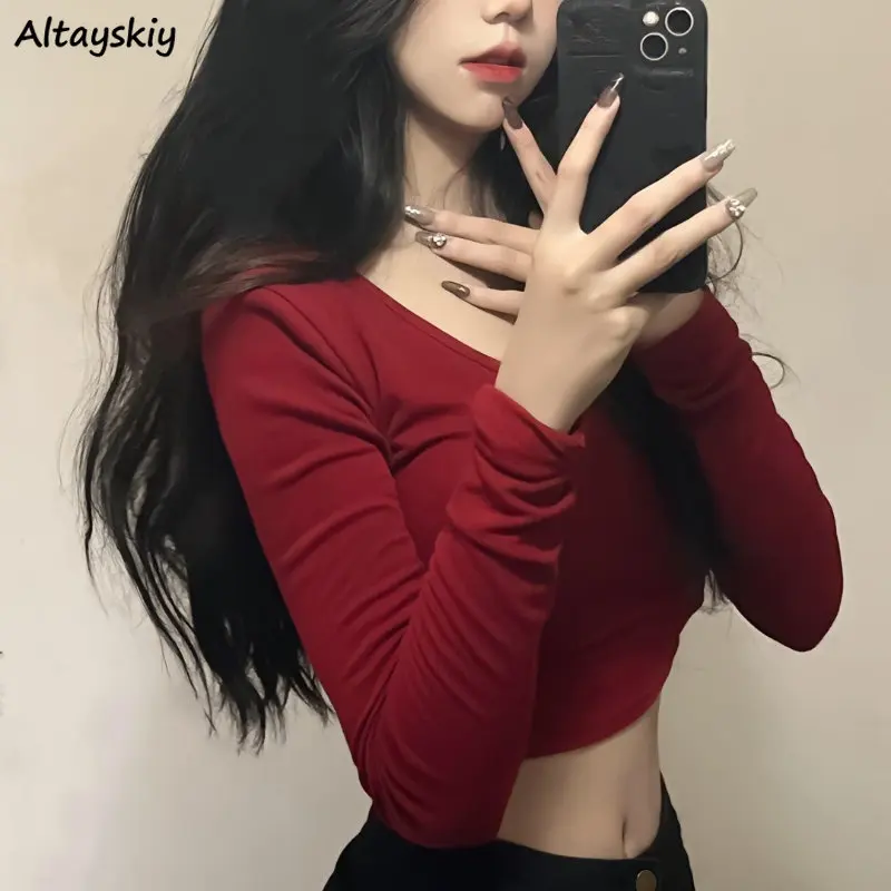 Long Sleeve T-shirts Women Sexy Sweet Cropped Tops Korean Style Skinny All-match Inner Red BF Aesthetic Navel Clothing Harajuku