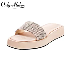 Onlymaker Women Flat Sandals Rhinestone Slippers Peep Toe SlidePink Summer Flat Sandals