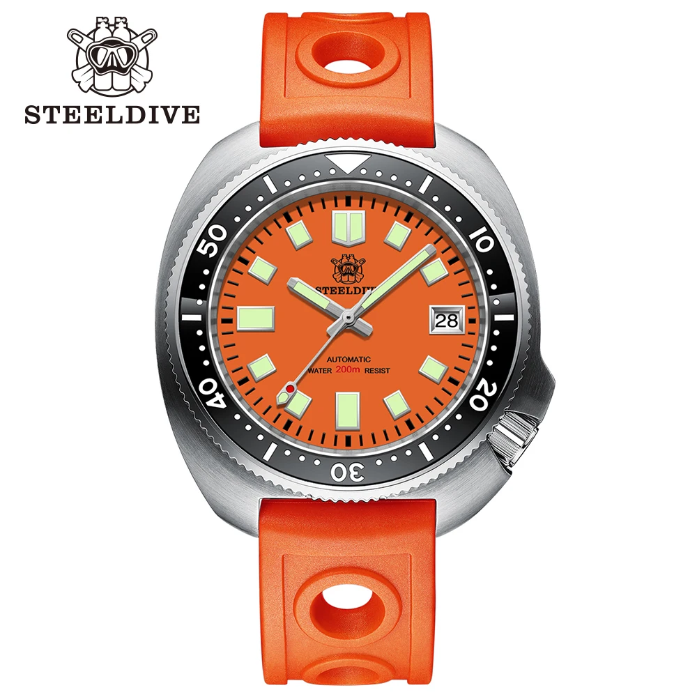 STEELDIVE Neuankömmling 44 mm SD1974 orangefarbenes Zifferblatt, Keramiklünette, superleuchtende 200 m NH35 automatische Taucheruhr mit gefrästem Verschluss