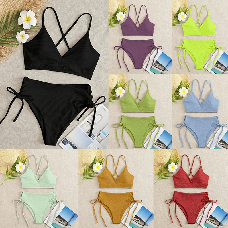 

Women's Crisscross V Neck Bikini Set Side Tie Bottoms Sexy Beachwear Bathing Suit for Summer Vacation Swim Outfit