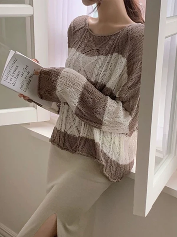 Chic Summer Vintage Color Blo Wide Stripes Twist Long Sve Thin Sun Protection ort Knitted Sweater Overhead Coat for Women