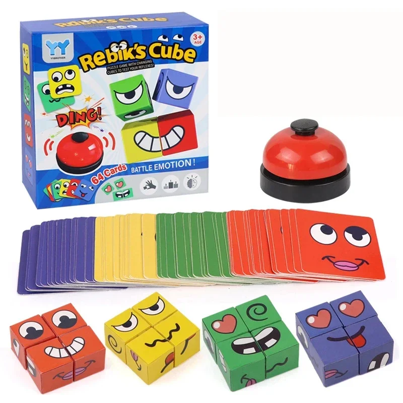 Bloques de construcción de emoticono de cubo de cambio de cara, rompecabezas de batalla, interacción entre padres e hijos, juego de mesa divertido,