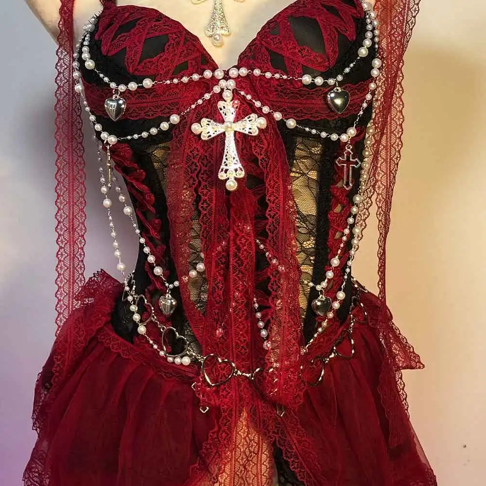 

Grunge Hand Made Cross Eco Harajuku Hip Hop 90s Punk Rock Trendy DIY Emo Goth Gothic Dress Kawaii Y2K Lace TOPS Heart E-Girls