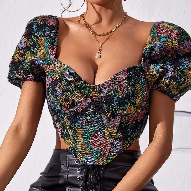 Summer Woman Tees Sexy Deep V Neck Backless Puff Sleeve Fishbone Retro Print T-Shirts Clothing Elegant Bohemian Slim Short Tops