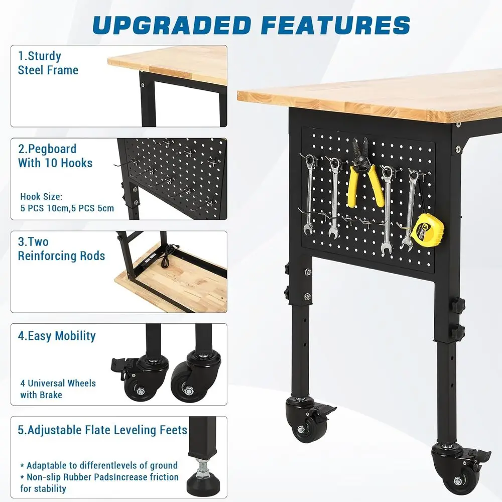60 x 24 Adjustable Height Rolling Workbench with Pegboard, 4 Outlets, 2 USB Ports, Heavy Duty Woodworking Table
