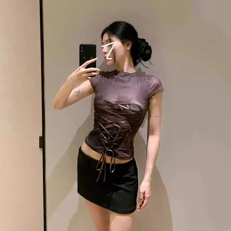 Spicy Girl Retro Mesh Printed Strap Short Sleeve T-shirt Women Tops Summer Chic Transparent Unique Slimming Short Sexy Top