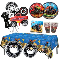 Monster Trucks Theme Disposable Tableware Party Plate Cups Tablecloth Car Wheel Foil Balloons Monster Truck Birthday Decorations
