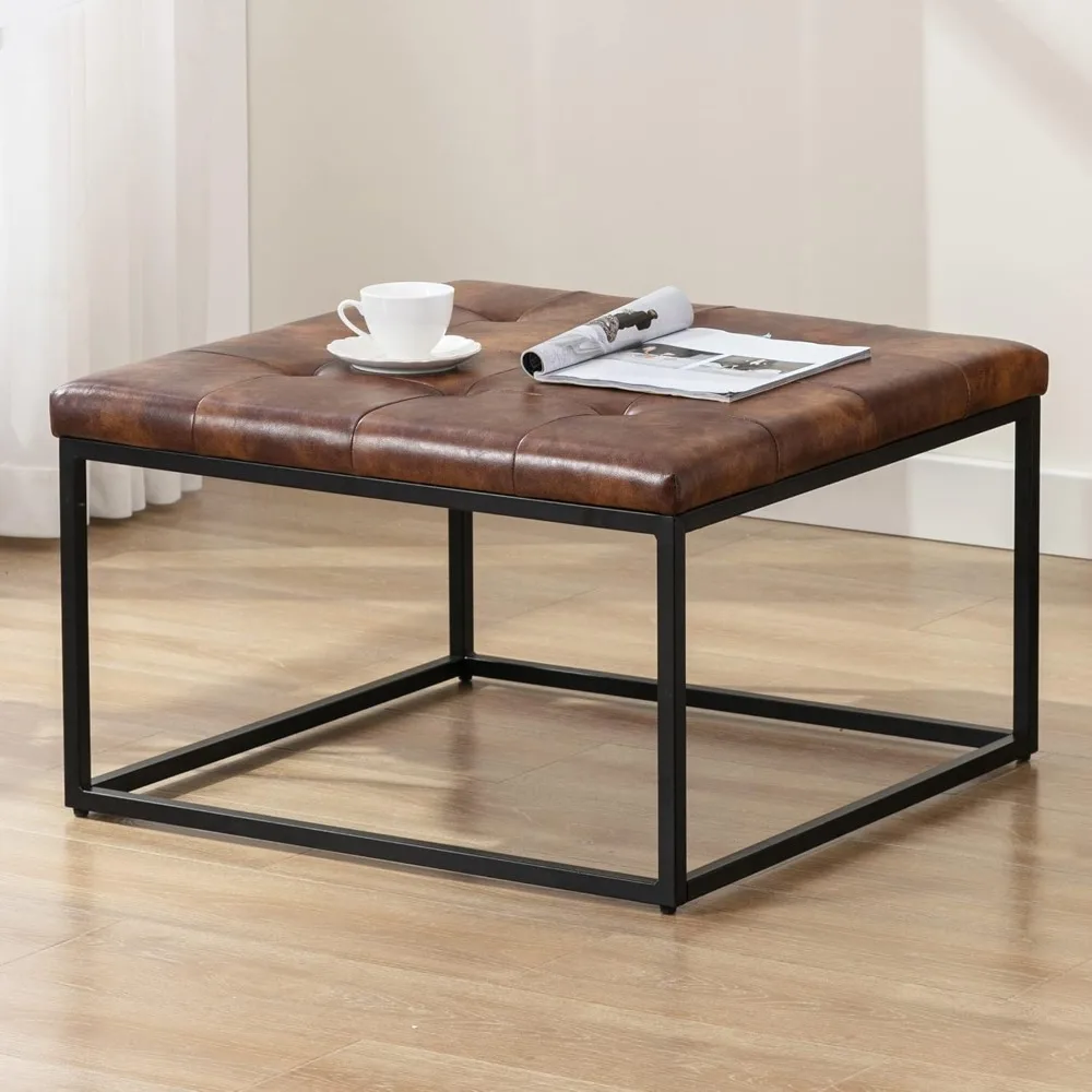 

Square Ottoman Coffee Table, Faux Leather Ottoman Foot Rest Upholstered Button Tufted Ottoman for Living Room with Metal Frame