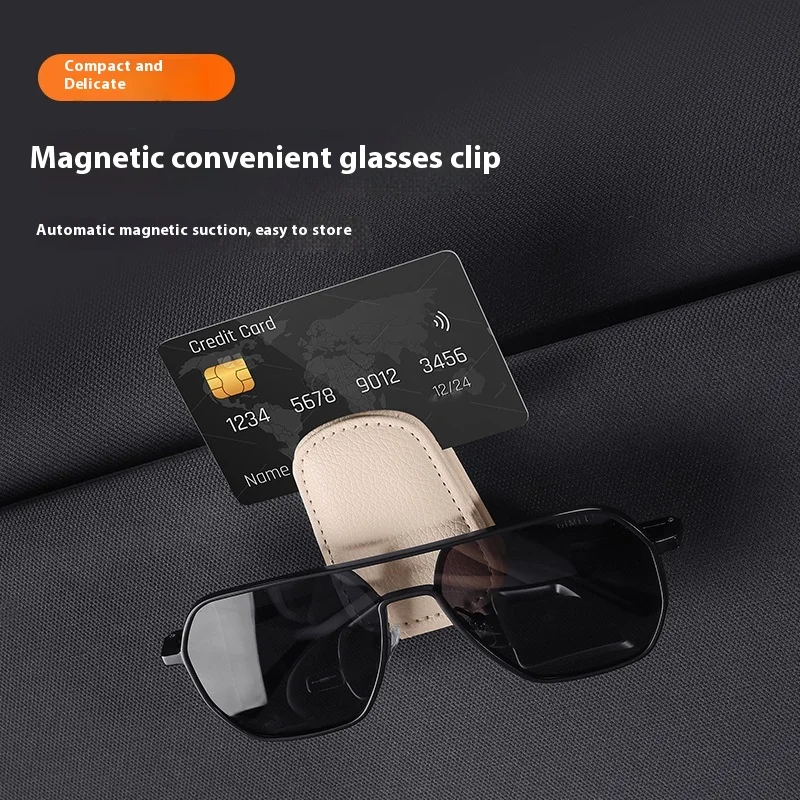 2Pcs Sunglasses Holder Is Suitable for Car Sun shades Magnetic Leather Sunglasses Clip and Ticket Clip Car Sunshade Accessories