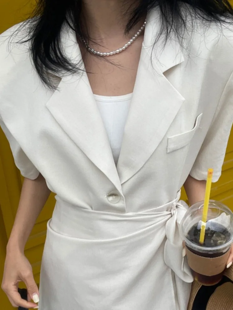 

Loose Fit Summer Suit Jaet And Asymmetrical Skirt Set Women's Faion Ensemble ort Sve Turn-down Collar Top