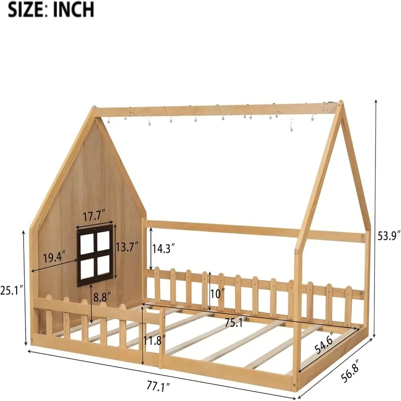 

Full Size Montessori Floor Bed with High Fence for Kids, House Design Floor Bed for Boys and Girls