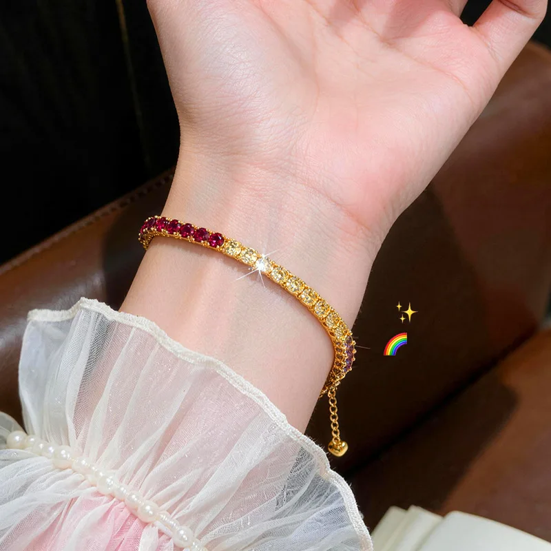Full Diamond Luxury 9999 24K Real Gold Rainbow Bracelet for Women, Purple Red Yellow Gemstone Chain Bracelet, High-end Design