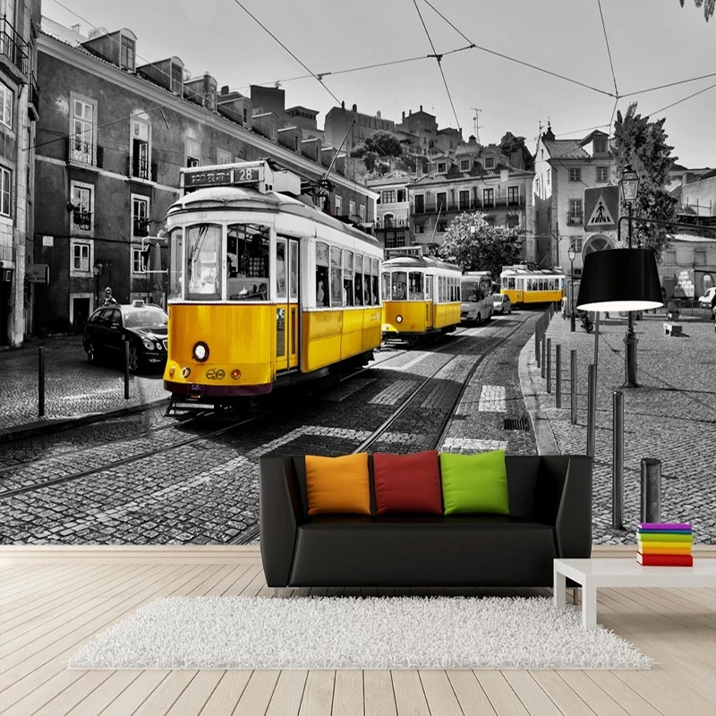 Custom 3D Mural Retro European Street Yellow Streetcar Black White City Building Wallpaper Cafe Living room bedroom restaurant