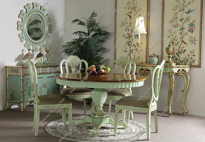 French retro cyan hand-painted flower and bird painting double door porch chest American rural solid wood dining side cabinet