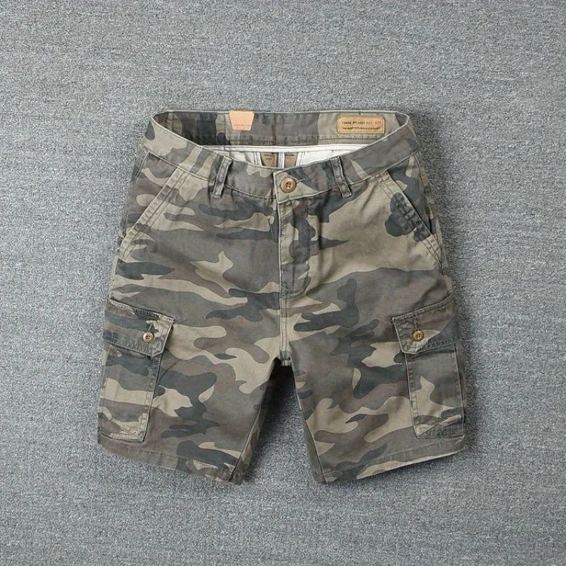Camouflage Tooling Shorts Men's Pure Cotton Short Pants Trendy Brand Loose Straight Washed Trendy Men's Casual Cargo Short Pants