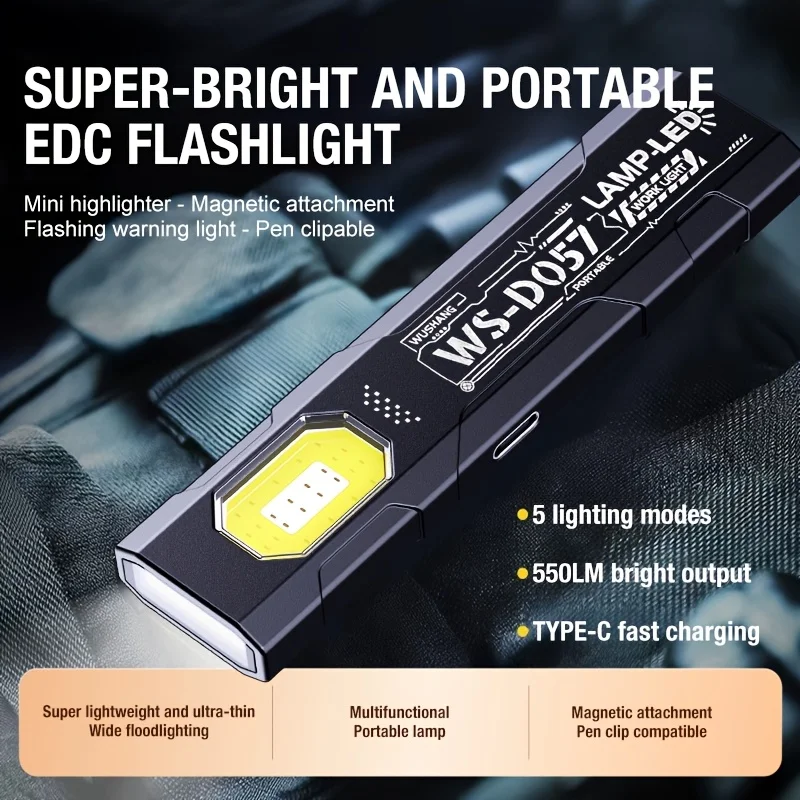Powerful Mini COB LED Keychain Flashlight USB C Rechargeable Hanging Work Light Waterproof Keyring Camping Walking Pocket Lamp