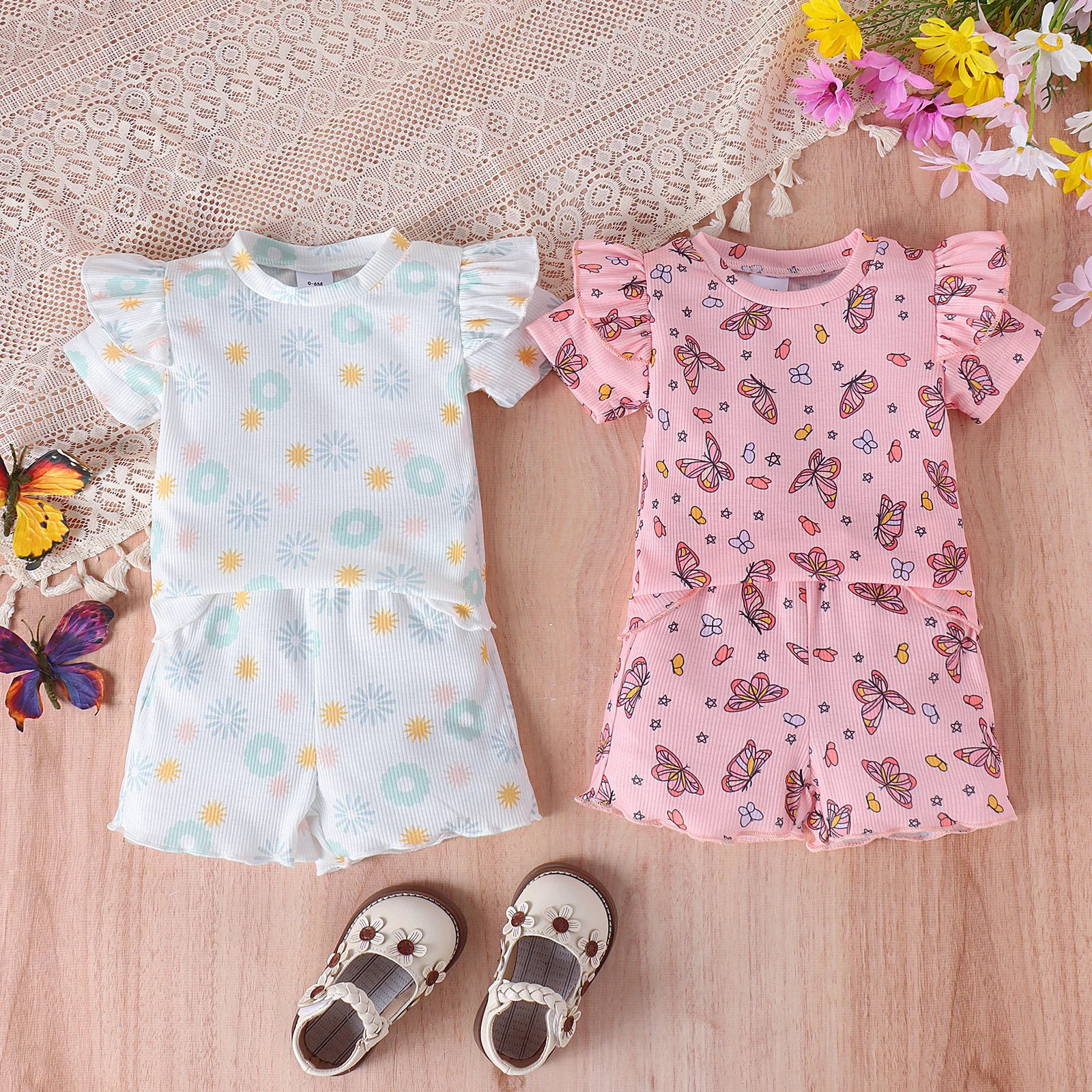 2PCS Summer 0-3 Years Old Trend Fashion Cute Baby Girl Universal Comfortable Soft Butterfly Flower Print T-Shirt + Shorts Set