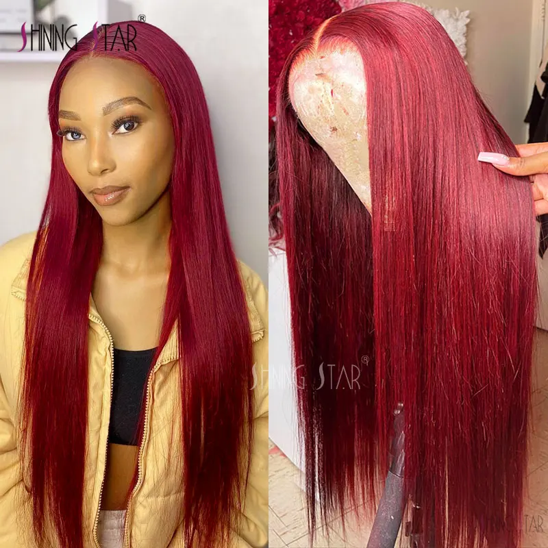 Long 34 Inch 99J Burgundy 13X6 Hd Lace Frontal Human Hair Wig 30 34 Inch Straight Wigs 180% Red Colored 13X4 Lace Wigs For Women