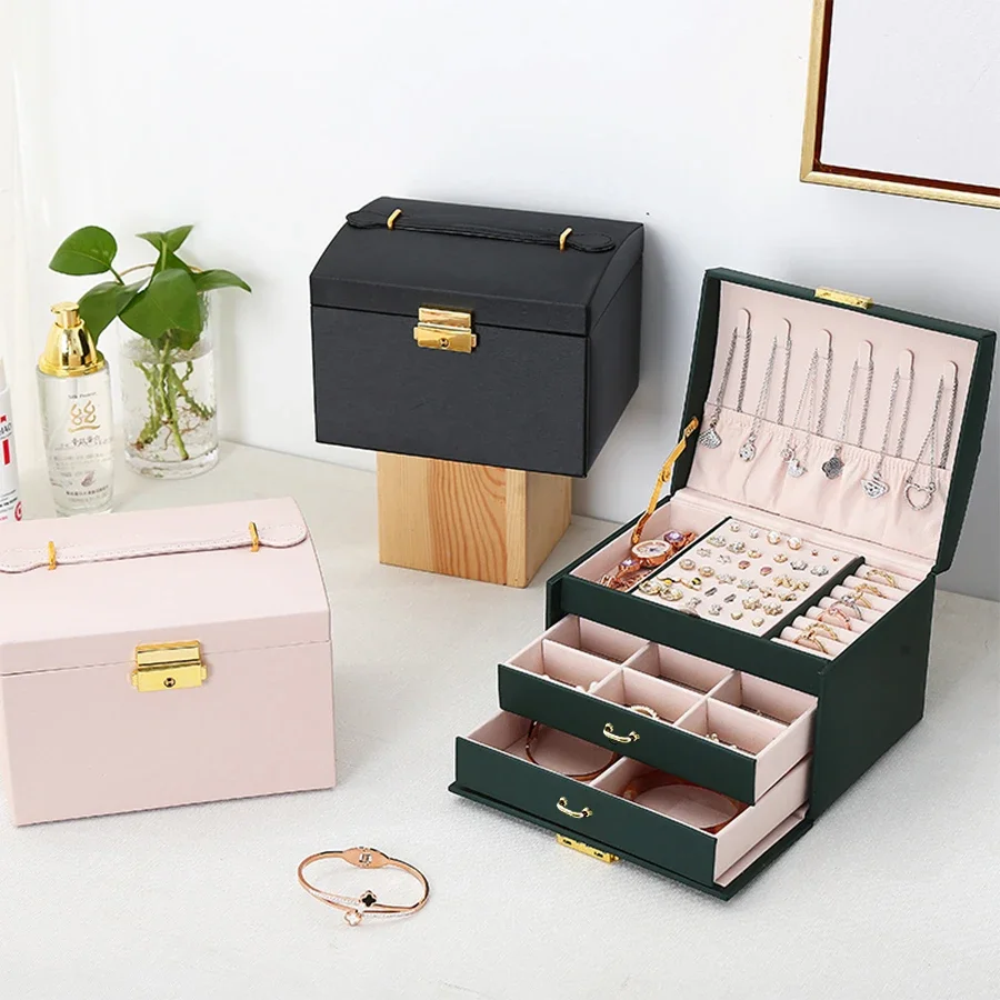 Abschließbare Dreischichtige Schmuckbox Multifunktionale Schmuckaufbewahrung Organizer-Etui – Detail 1