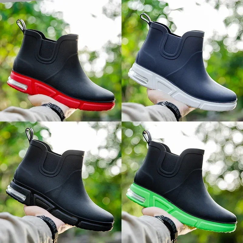 Botas de lluvia antideslizantes a la moda para hombre, botas de lluvia cortas resistentes al desgaste, impermeables, de tubo bajo, para cocina, lavado de coches, trabajo de pesca, zapatos con cubierta de goma