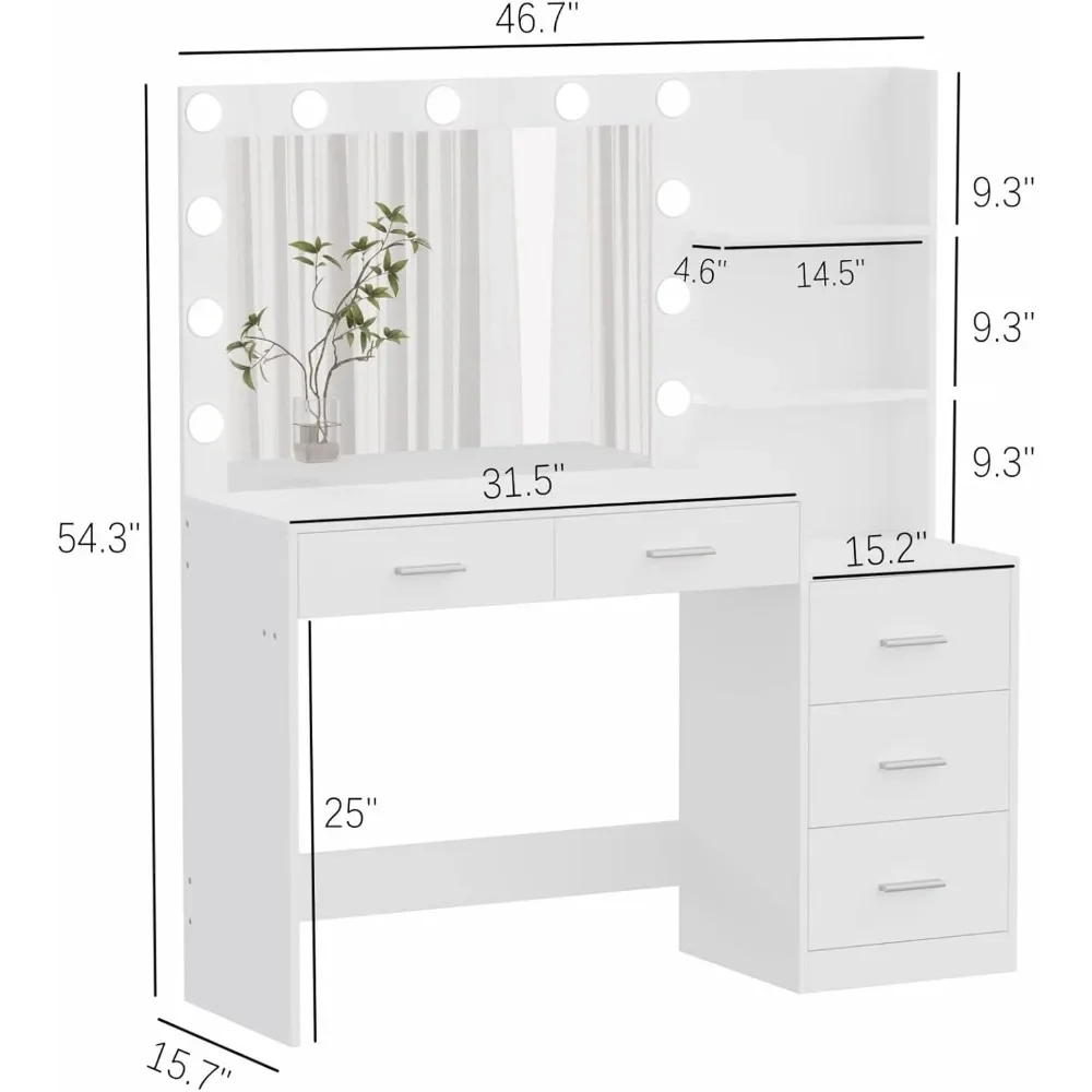 Makeup Vanity Table with Lighted Mirror, Large Vanity Desk with Storage Shelf & 5 Drawers, Bedroom Dressing Table, 11 LED Lights