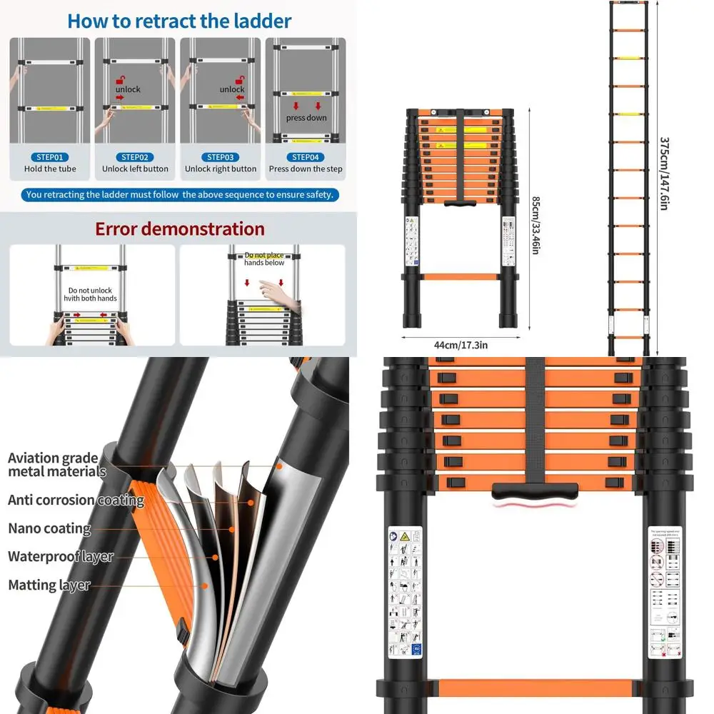 12,5-Fuß-Hochleistungs-Teleskopleiter, 330 Pfund Tragkraft, zusammenklappbar für den Außen- und Wohnmobilgebrauch