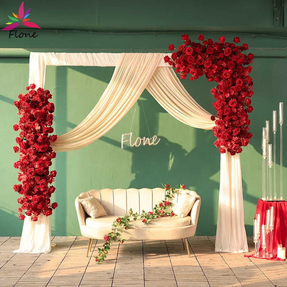 Luxury Wedding Party Decoration Artificial Triangle Floral Arrangement Red Flannel Rose Eucalyptus Sztuczne Kwiaty Decor HY2455