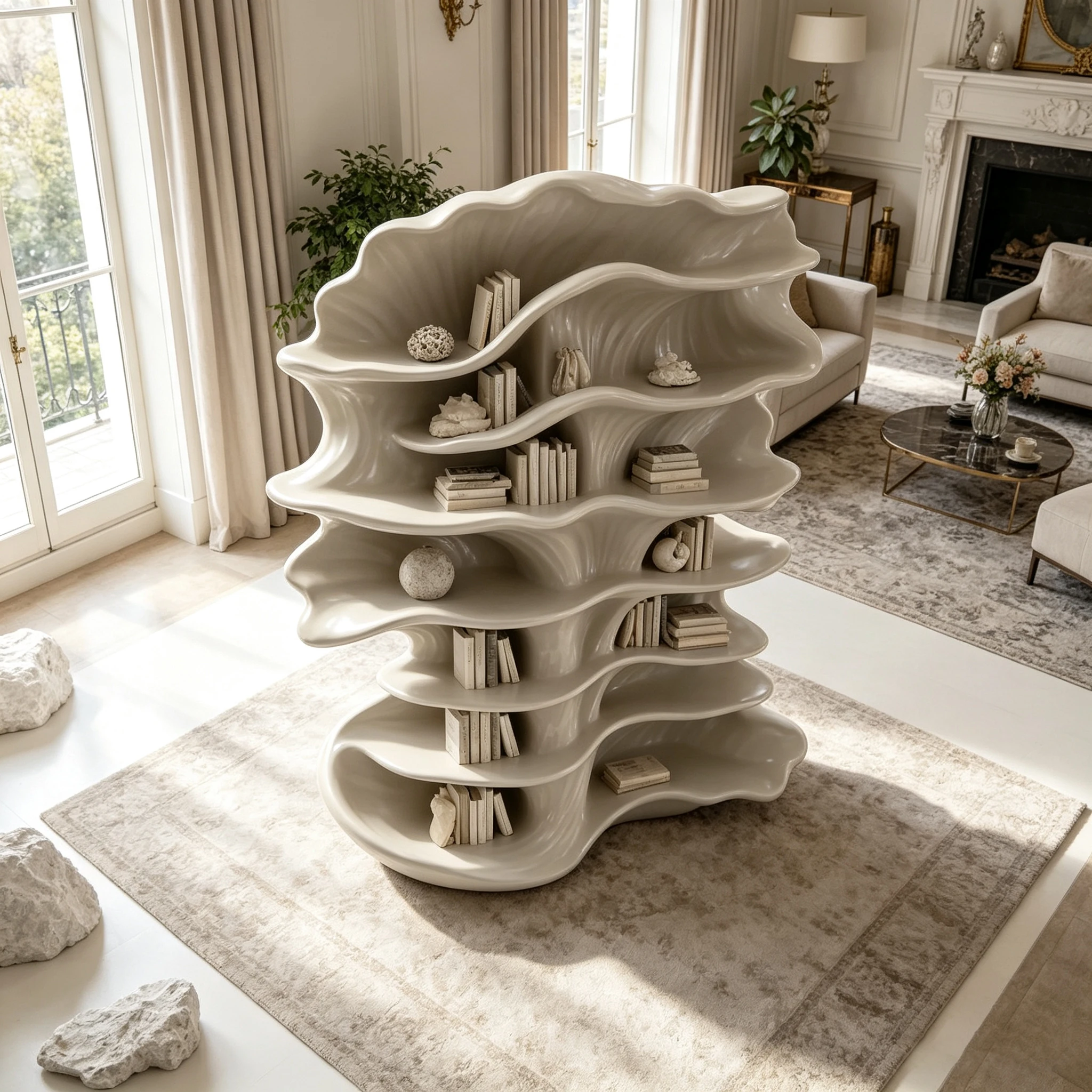 c*-Cream Gloss Biomorphic Wave Storage Bookshelf Whole Molded Fiberglass Frame for Elegant Residential
