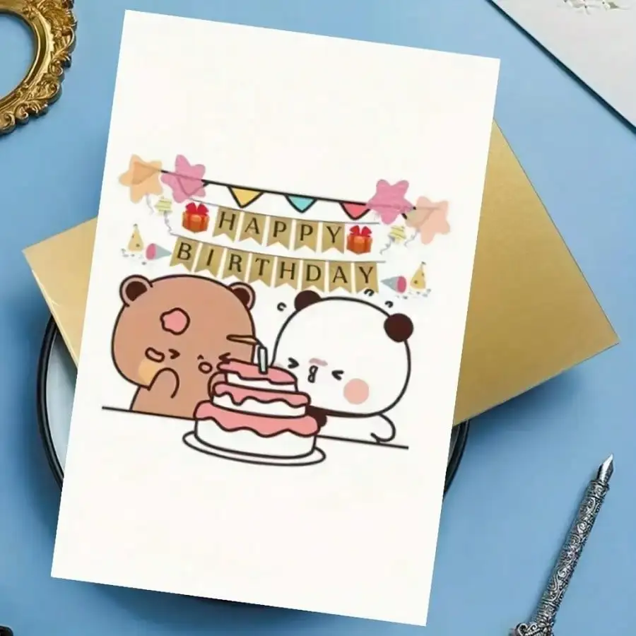 Cute DuDu Bear And BuBu Panda Celebrating 2025, Perfect For Family, Friends, Colleagues - Festive Design With Balloons, Flowers, And Cake, Charming Illustration, Vibrant Greeting Card Gifts Mother's Day