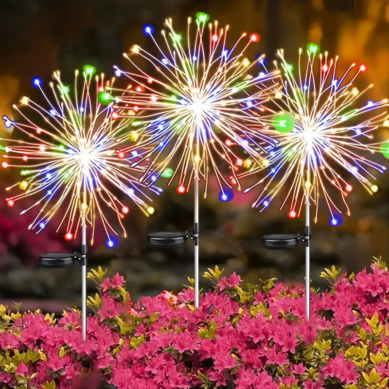 Luz de fogos de artifício movida a energia solar 200 LEDs Fio de cobre Luzes de corda de fadas para decoração de jardim de caminho de gramado de Natal