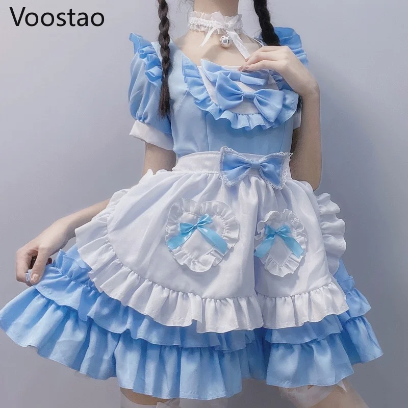 Japanese Kawaii Lolita Dress Girls Sweet Cream Sweetheart Maid Cosplay Blue Mini Dresses Women Vintage Cute Bow Ruffles Outfit