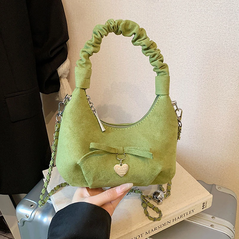

Замшевые модные женские сумки с цепочкой, новинка 2025 года, универсальная сумка на плечо с бантом, маленькие сумки для путешествий, подмышки