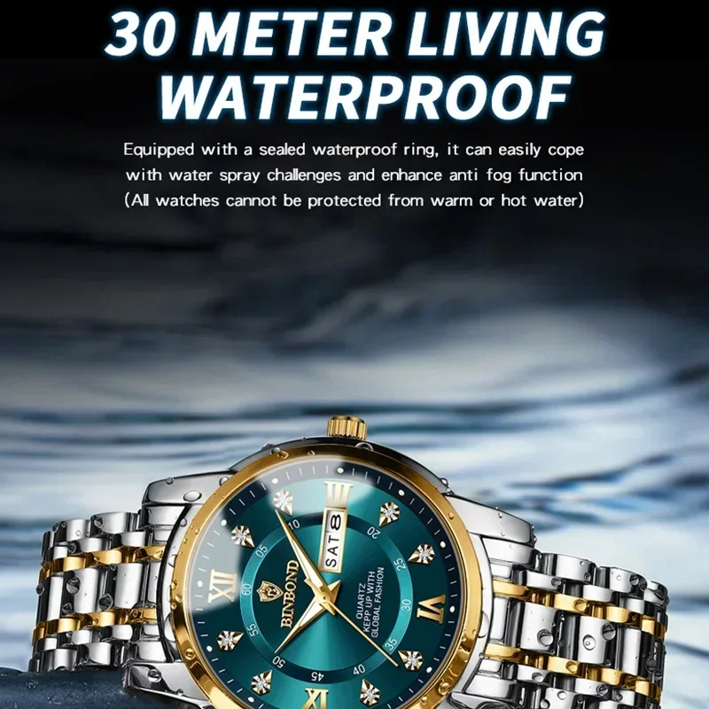 BINBOND Luxury Quartz นาฬิกาสําหรับชายเพชรโรมันกันน้ํานาฬิกาข้อมือ Dual ปฏิทินสแตนเลส Relogio Masculino