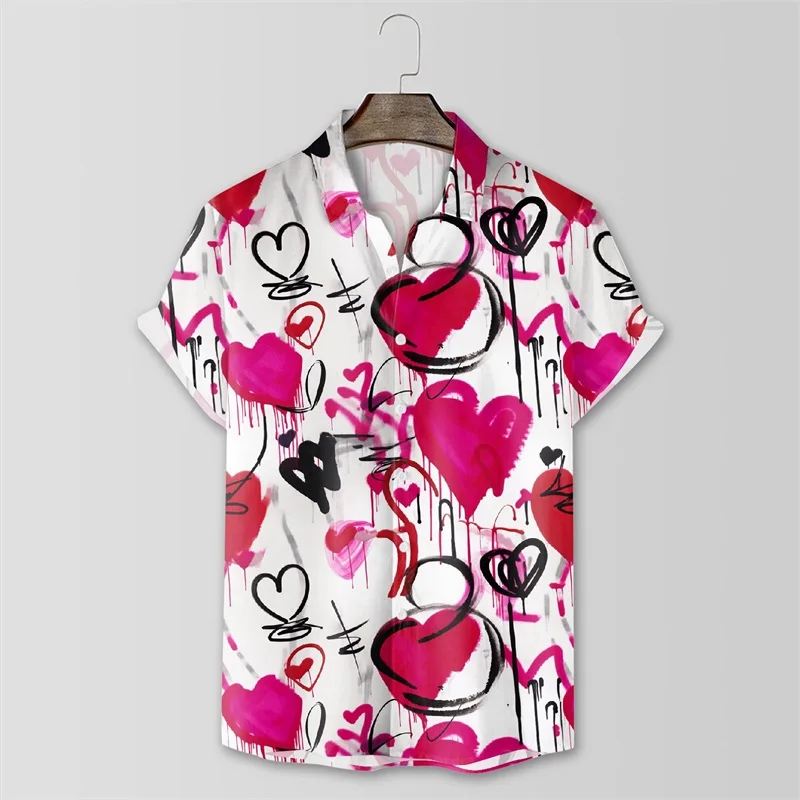 

3d Print Heart Pattern Hawaiian Shirts Summer Short Sleeve Valentines Heart Casual Shirt New In Men Button Up Beach Shirt Blouse