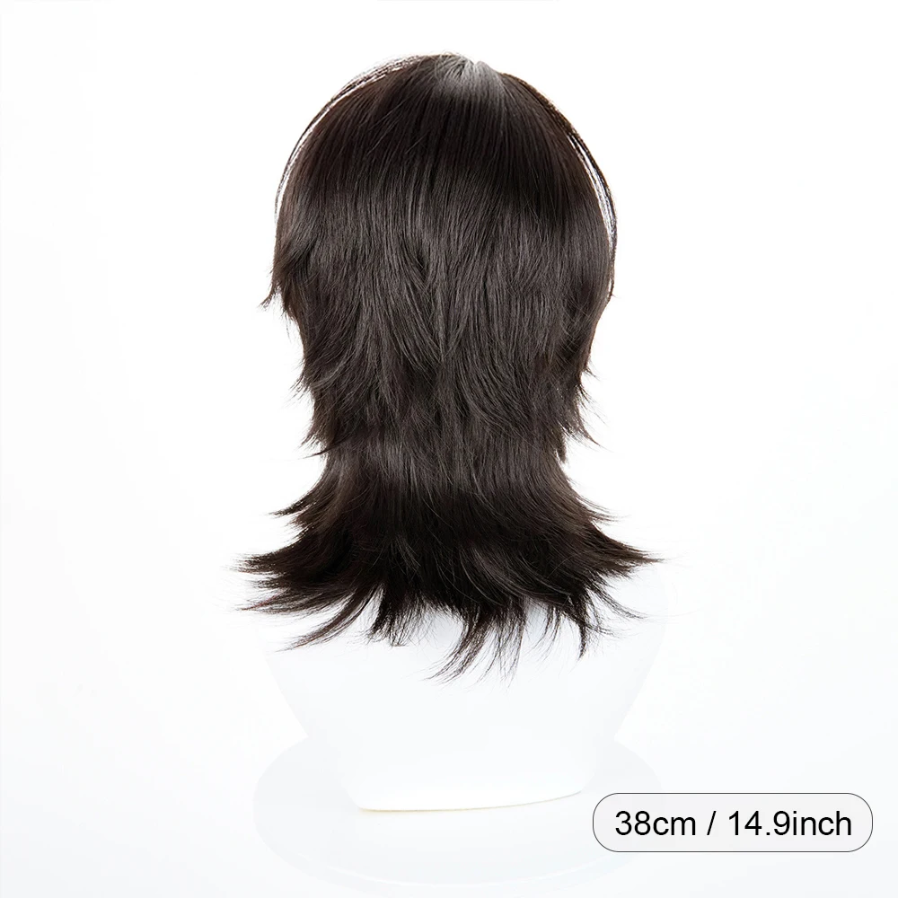 Black Synthetic Short Straight Mullet Head Wigs with Bangs Anime Game Cosplay Fluffy Wolf Tail Wig for Daily Party