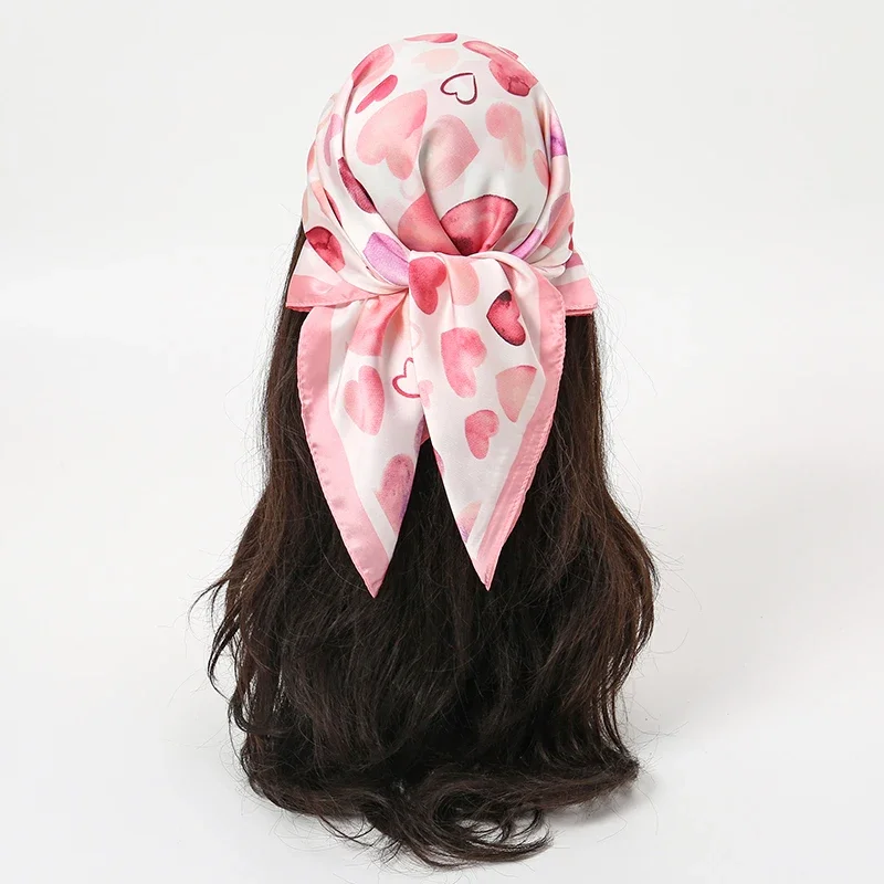 

Summer Beach 70*70cm Square Silk Muslim Hijab Scarf Women Handkerchief Heart Print Head Bandana Small Fashion Luxury Scarves Tie