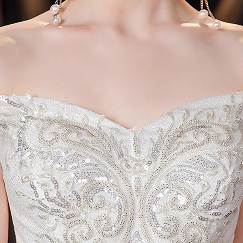 カスタマイズされたウェディングドレス白いチュールビーズアップリケオフショルダープリンセスフロアレングスプラスサイズ女性ブライダルドレス GB499