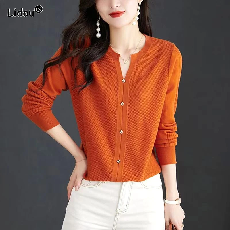 2023 New Spring and Autumn and Winter Korean Edition Minimalist V-neck Pit Stripe Long Sleeved Casual Loose Women's Sweater