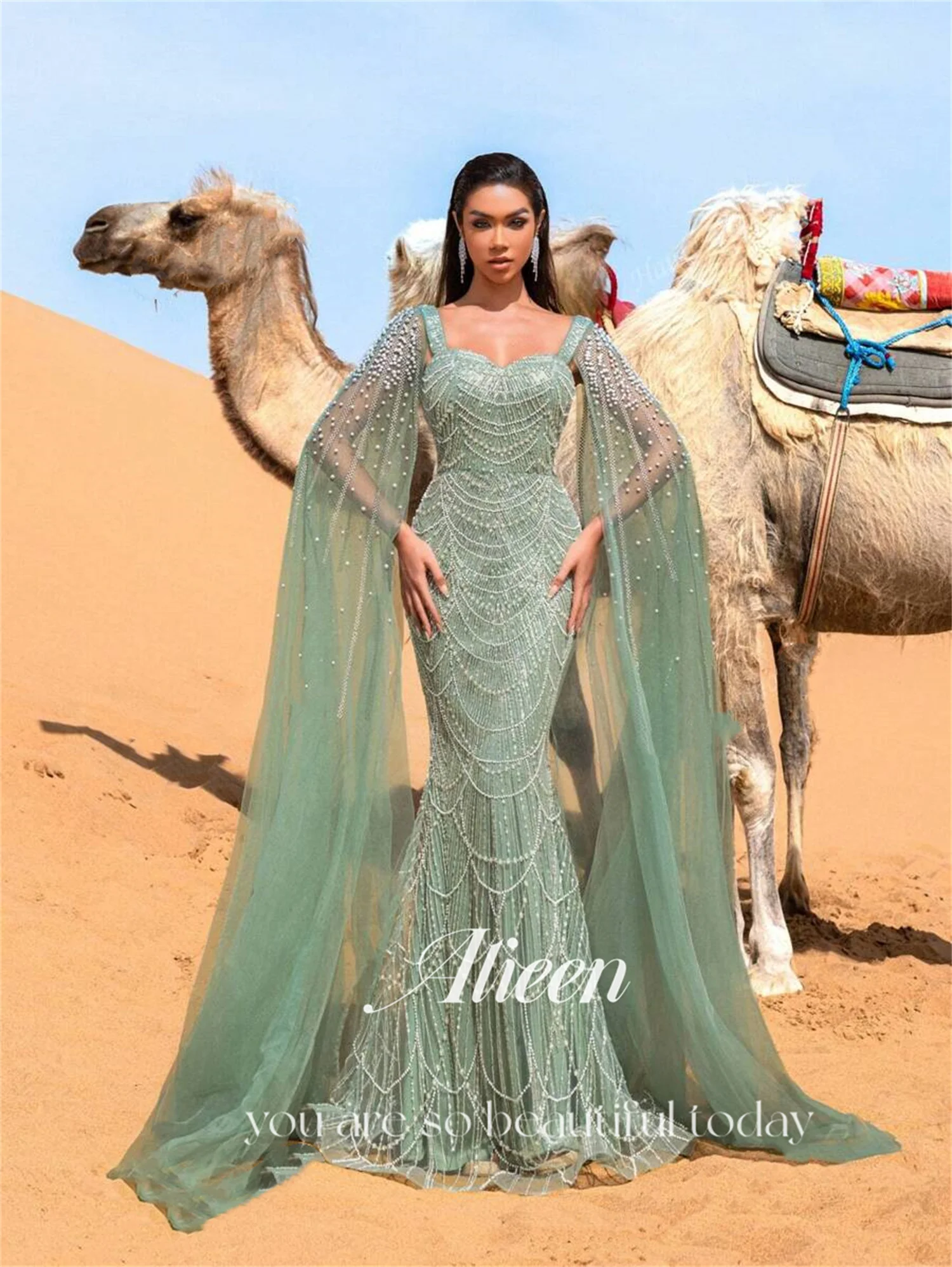 Aileen فستان سهرة نسائي أخضر شال فساتين لحضور الحفلات الموسيقية 2025 خرز مخصص فيستدوس دي فيستا فاخر فساتين سهرة حورية البحر فاخرة