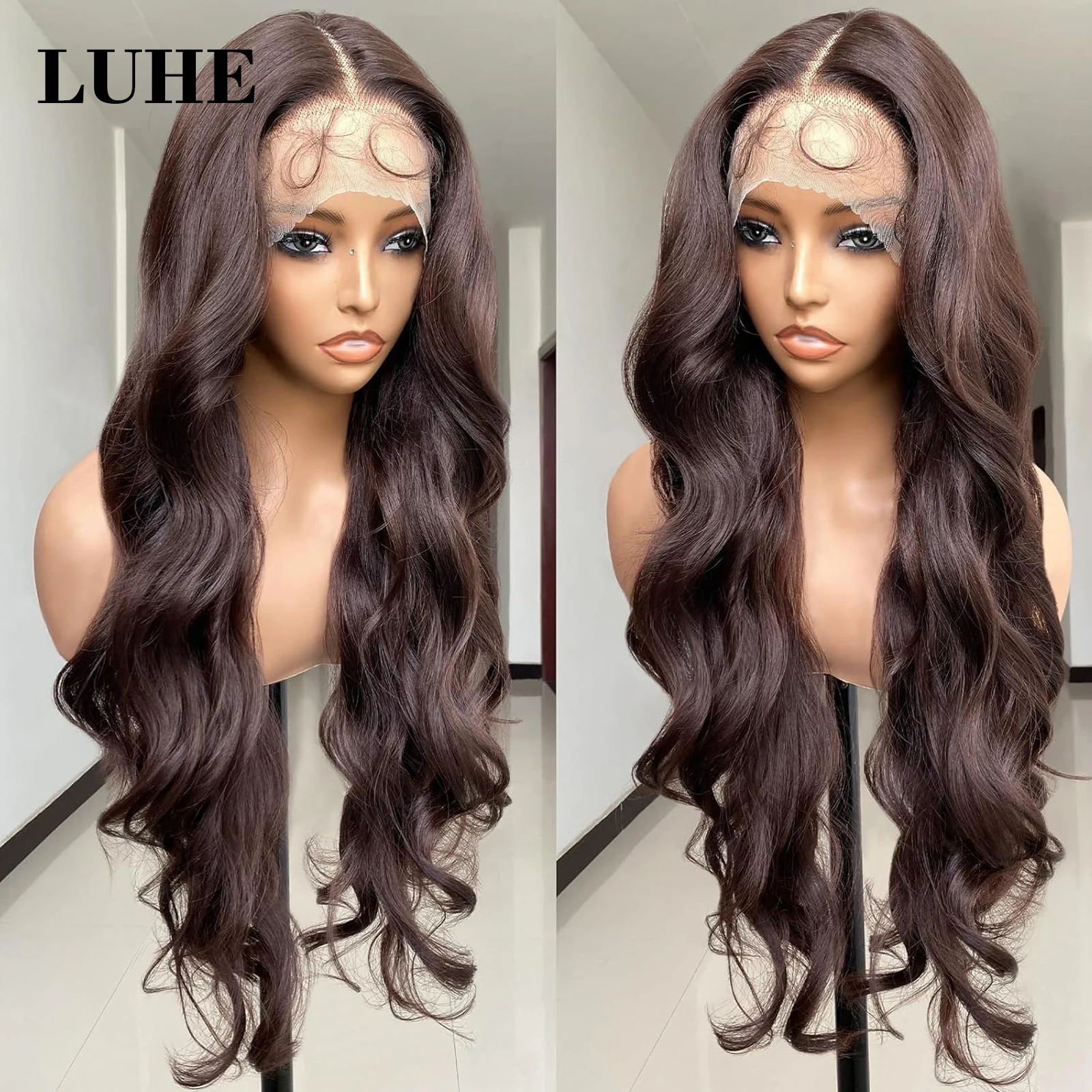 Chocolate Brown Colored 13x3 Lace Front Wigs with Baby Hair 26 Inch Long Synthetic Body Wave Lace Frontal Wig for Black Women