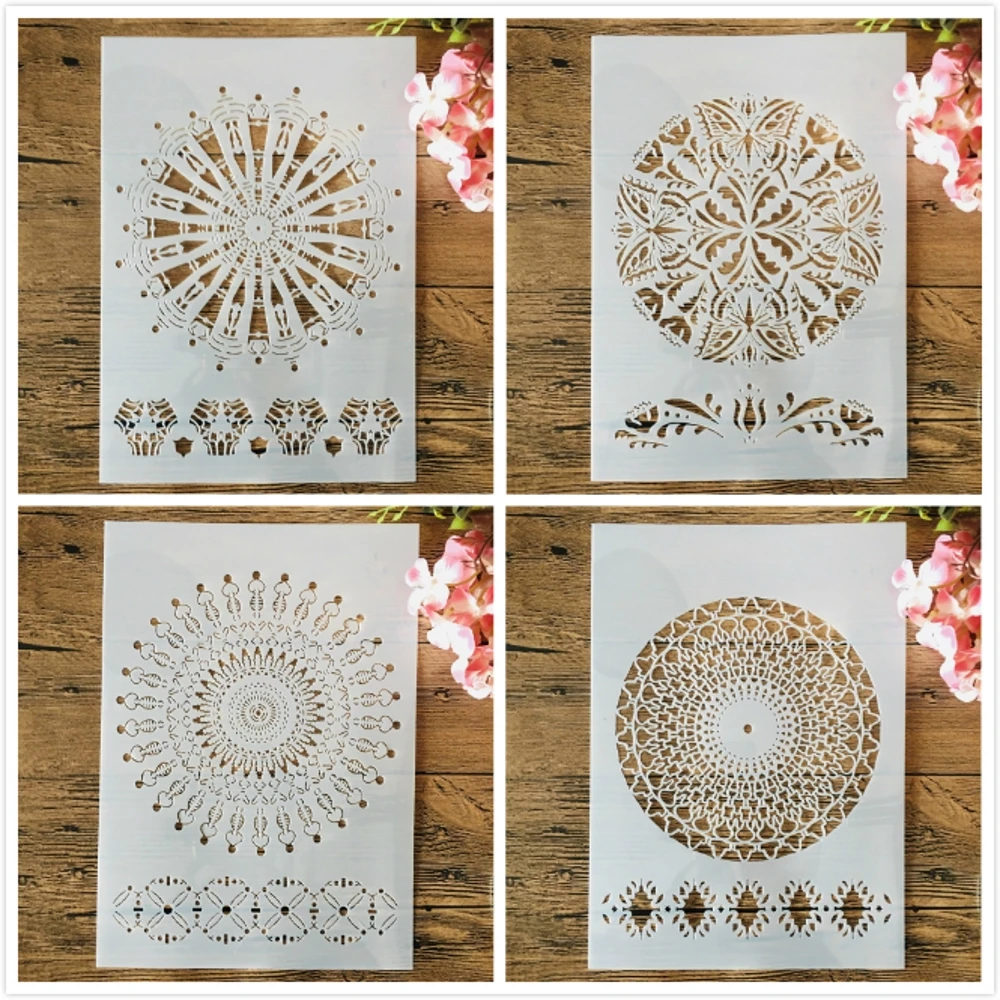 4Pcs A4 29cm Mandala Wheel Round Line DIY Layering Stencils Wall Painting Scrapbook Coloring Embossing Album Decorative Template