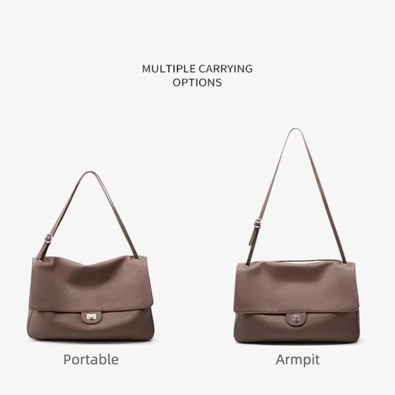 Genuine Cowhide Underarm Shoulder Bag for Women Adjustable Strap Flap Leather Work Tote Bag Large Capacity Commute Handbag image 4