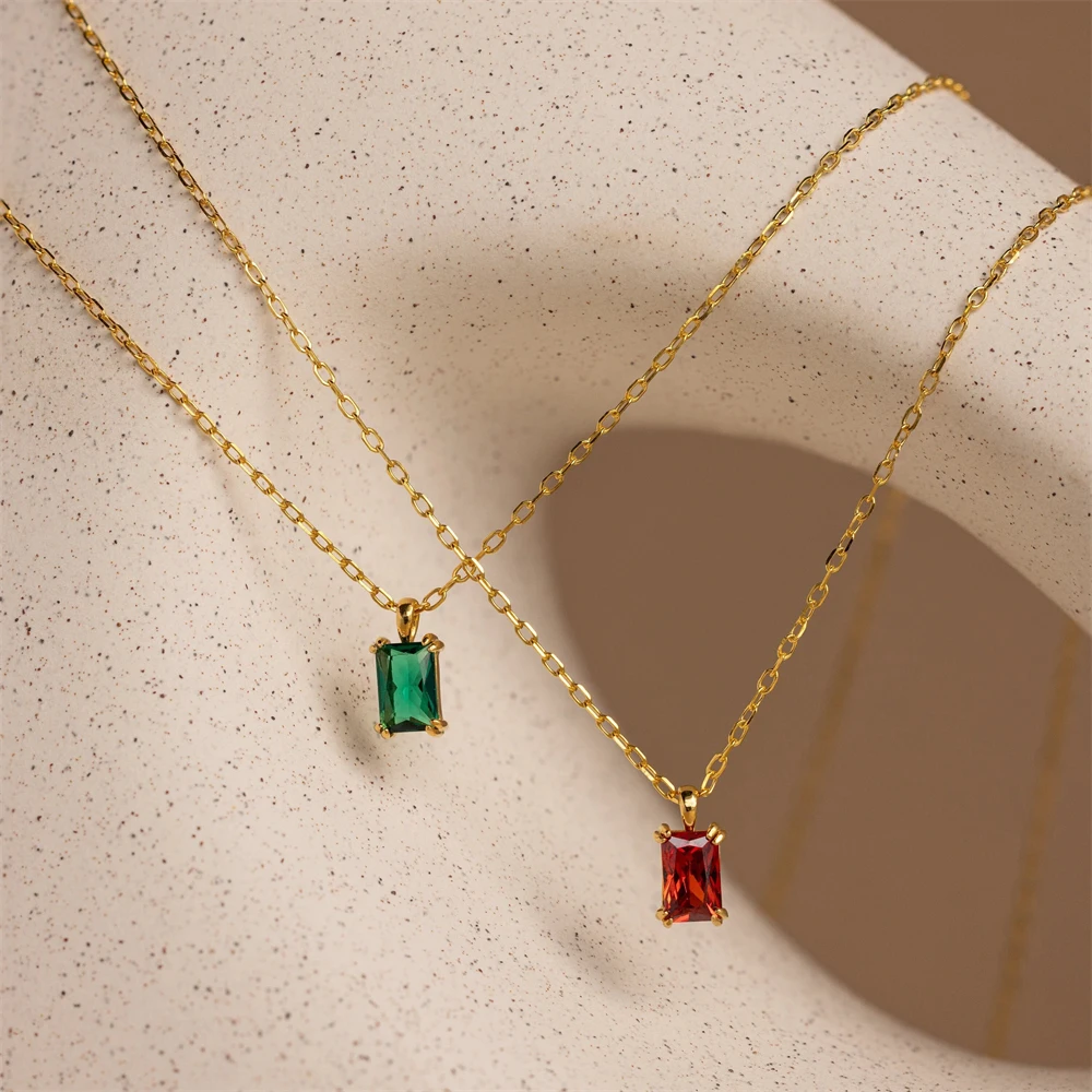 Tiny Baguette Birthstone Charm Necklace Gemstone Jewelry Stainless Steel Chain Choker Rectangle Emerald Necklace Mother Day Gift