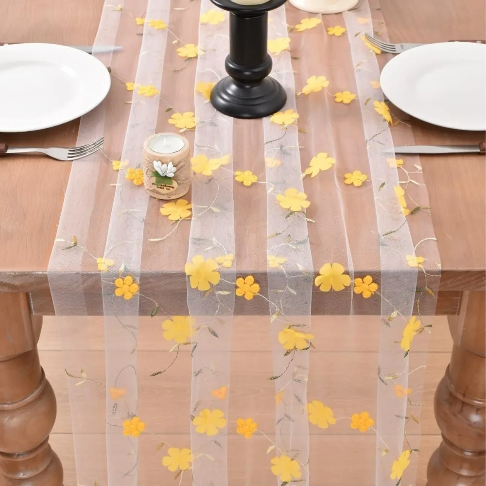 Creative Romantic Tulle Table Runner 3D Embroidery Vintage Floral Tablecloth Semi-Transparent Table Cover Kitchen Dining