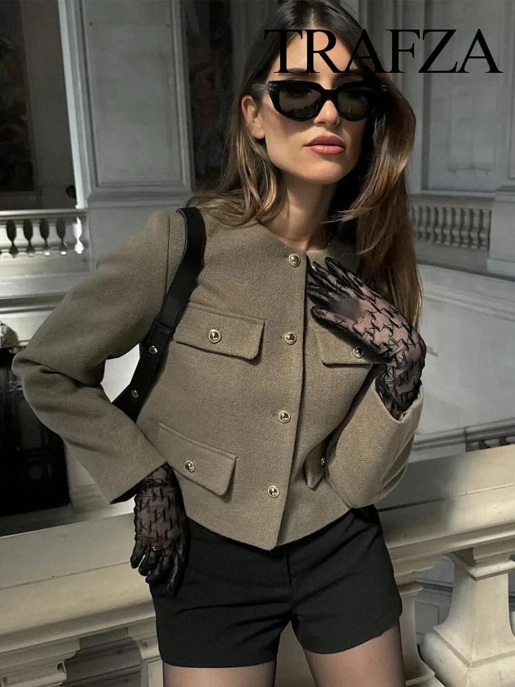 

TRAFZA Autumn Winter Women Fashion Single-breasted Textured Round Neck Flip Pocket Decorate Short Jacket Ladies Coat Tops Mujer