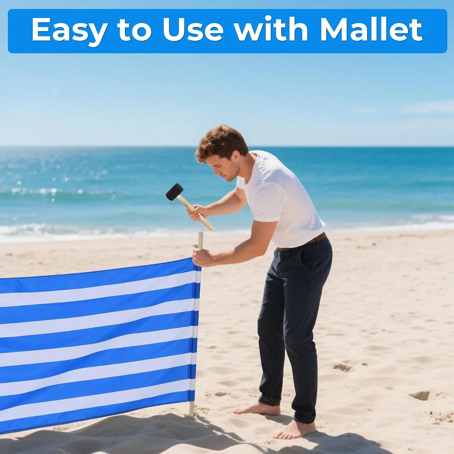 20ft Beach Windscreen Set Blue White Beach Fence Wind Blocker With 6 Hardwood Poles Rubber Mallet Carry Bag Sunbathing Privacy Screen Sand Protection Blue White view 5