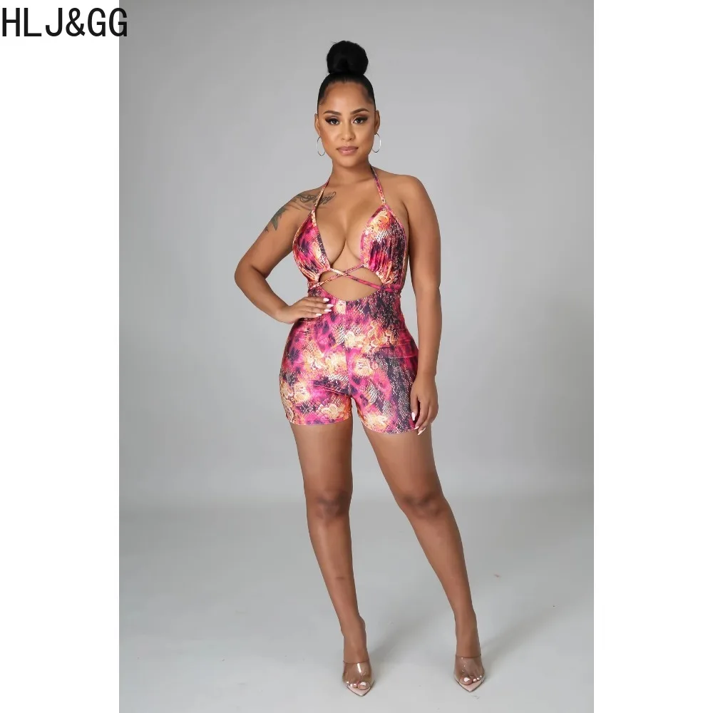 HLJ&GG Sexy Hollow Out Printing Bodycon Rompers Women Halter Sleeveless Backless Lace Up Slim Jumpsuits Fashion Female Clothing
