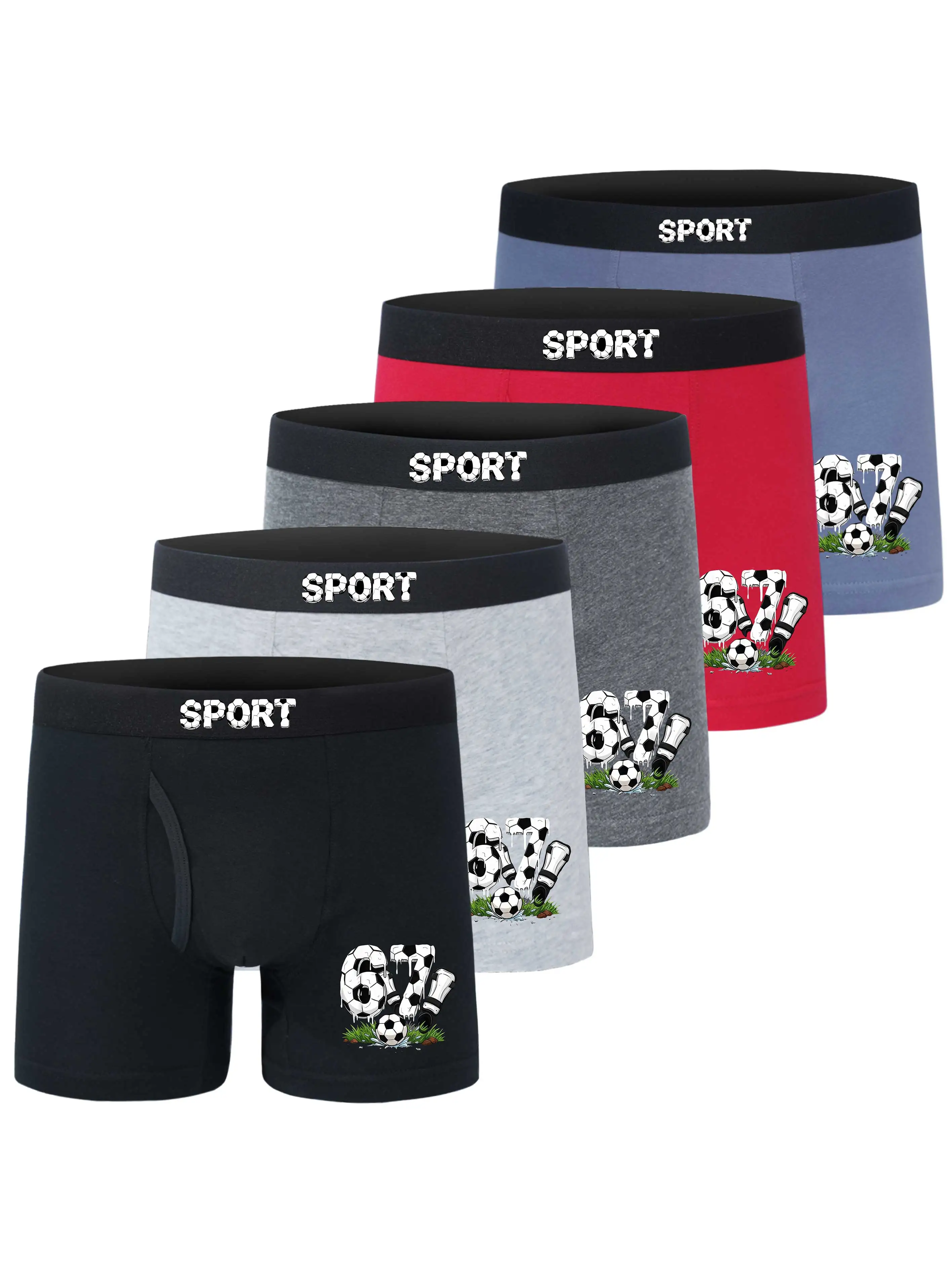 5PCS Kids' Soft Boxer Briefs Daily Wear Cool Sport Soccer 67 Print Underwear 95% Cotton 5% Elastane Comfortable Children's Brief