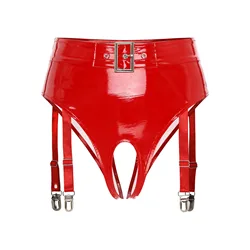 Womens Lingerie Open Crotch Patent Leather Underwear with Garter Clips High Waist Crotchless Thong Lingerie Cosplay Clubwear